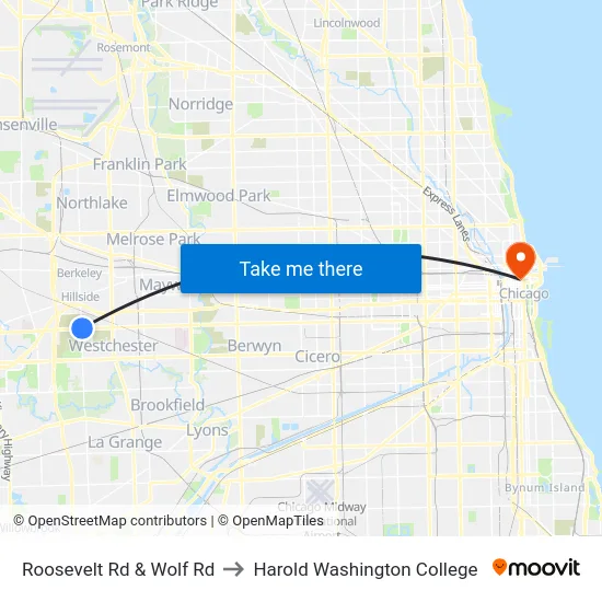 Roosevelt Rd & Wolf Rd to Harold Washington College map