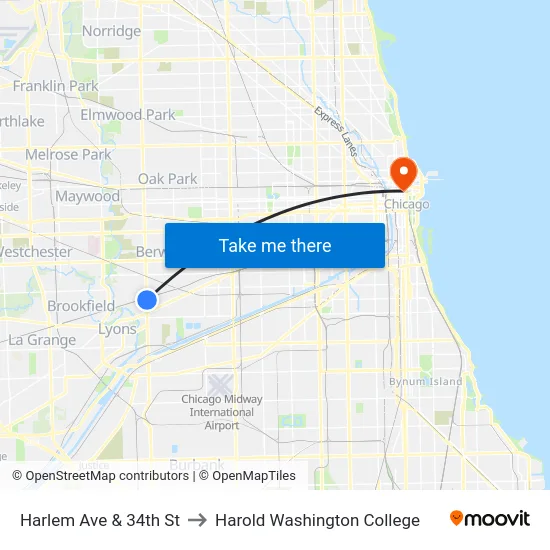 Harlem Ave & 34th St to Harold Washington College map