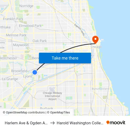 Harlem Ave & Ogden Ave to Harold Washington College map