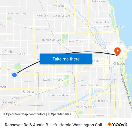 Roosevelt Rd & Austin Blvd to Harold Washington College map
