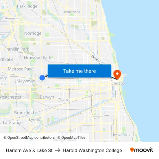 Harlem Ave & Lake St to Harold Washington College map