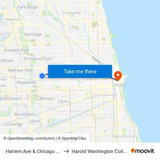 Harlem Ave & Chicago Ave to Harold Washington College map