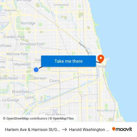 Harlem Ave & Harrison St/Garfield St to Harold Washington College map