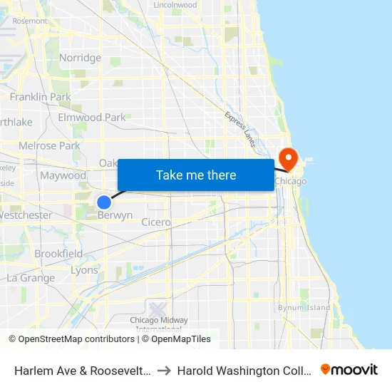 Harlem Ave & Roosevelt Rd to Harold Washington College map