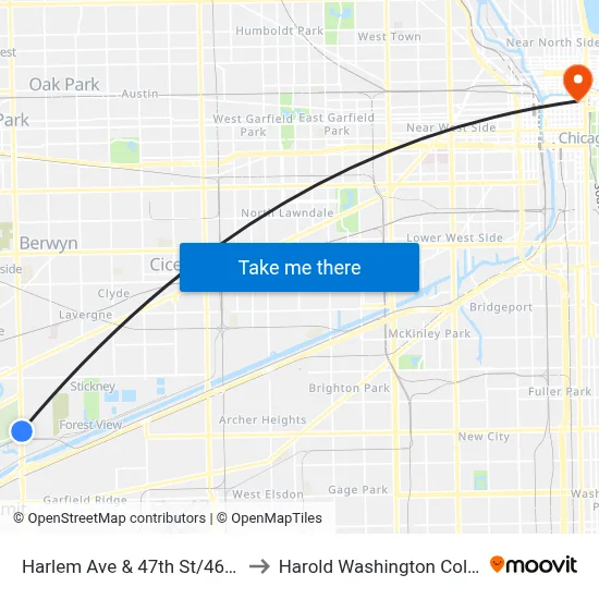 Harlem Ave & 47th St/46th St to Harold Washington College map