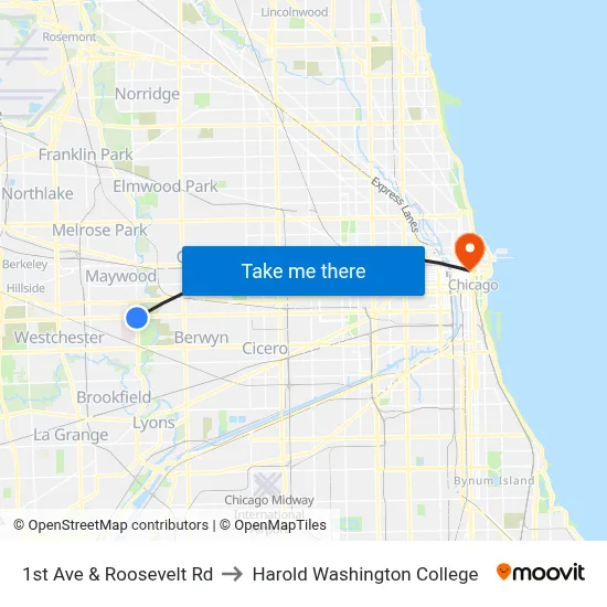 1st Ave & Roosevelt Rd to Harold Washington College map