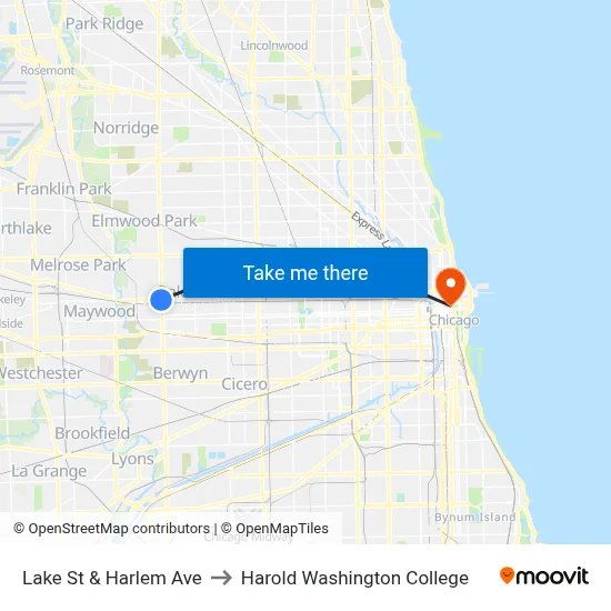 Lake St & Harlem Ave to Harold Washington College map