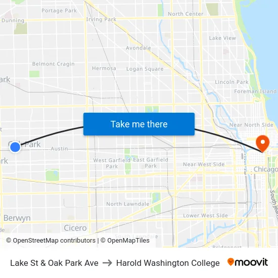 Lake St & Oak Park Ave to Harold Washington College map