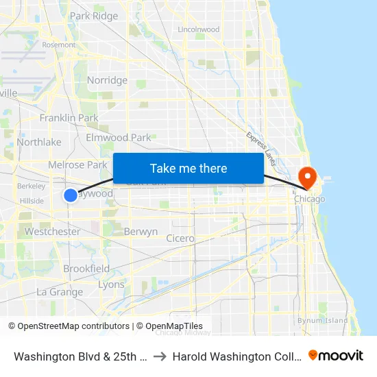Washington Blvd & 25th Ave to Harold Washington College map