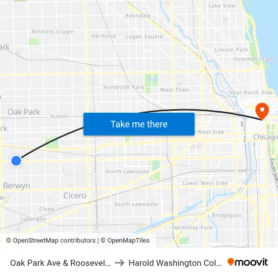 Oak Park Ave & Roosevelt Rd to Harold Washington College map