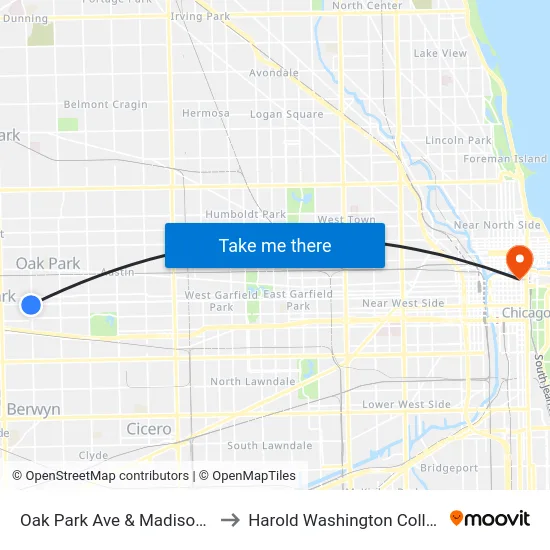 Oak Park Ave & Madison St to Harold Washington College map