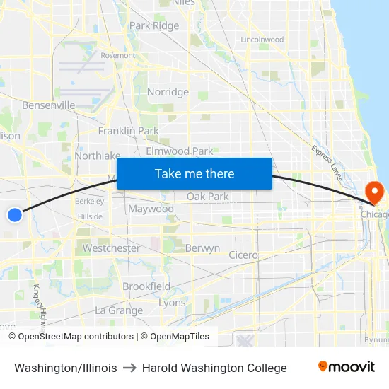 Washington/Illinois to Harold Washington College map