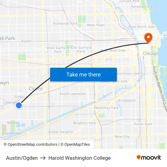 Austin/Ogden to Harold Washington College map