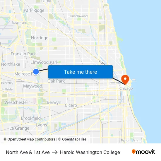 North Ave & 1st Ave to Harold Washington College map