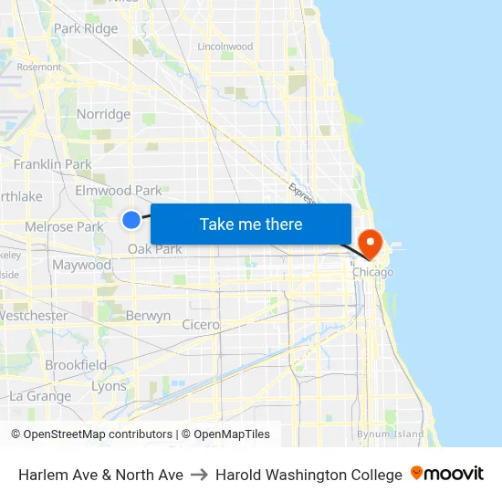 Harlem Ave & North Ave to Harold Washington College map