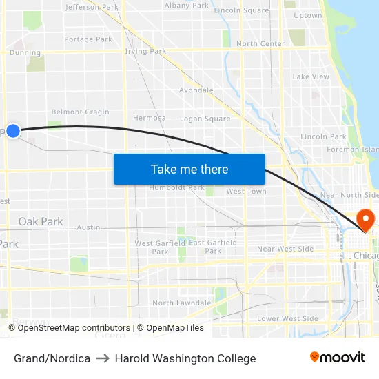 Grand/Nordica to Harold Washington College map