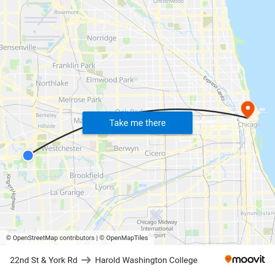 22nd St & York Rd to Harold Washington College map