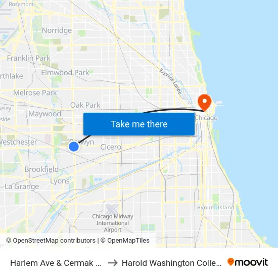 Harlem Ave & Cermak Rd to Harold Washington College map
