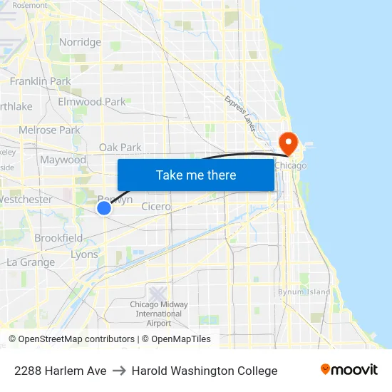2288 Harlem Ave to Harold Washington College map