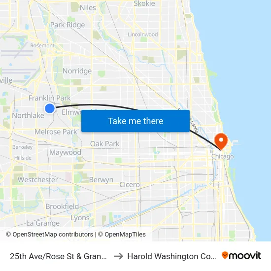 25th Ave/Rose St & Grand Ave to Harold Washington College map