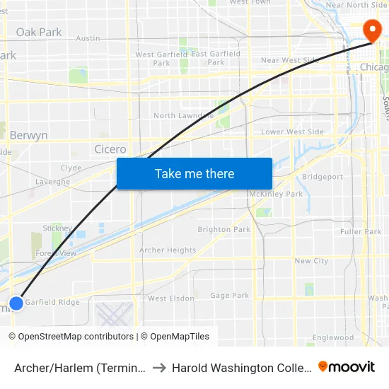 Archer/Harlem (Terminal) to Harold Washington College map
