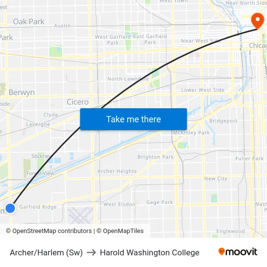 Archer/Harlem (Sw) to Harold Washington College map