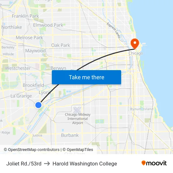 Joliet Rd./53rd to Harold Washington College map