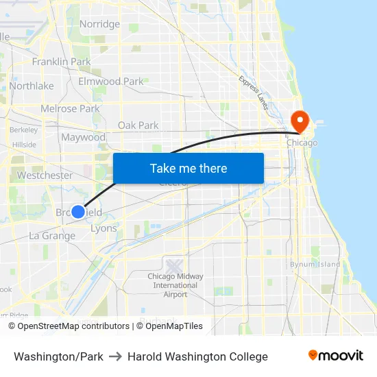 Washington/Park to Harold Washington College map