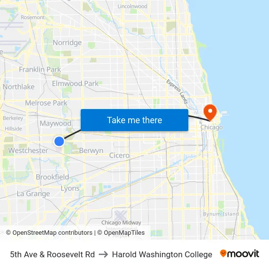 5th Ave & Roosevelt Rd to Harold Washington College map