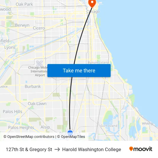127th St & Gregory St to Harold Washington College map
