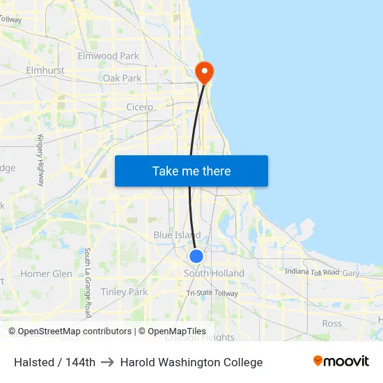 Halsted / 144th to Harold Washington College map