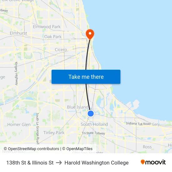 138th St & Illinois St to Harold Washington College map