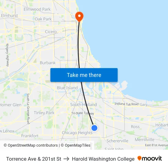 Torrence Ave & 201st St to Harold Washington College map