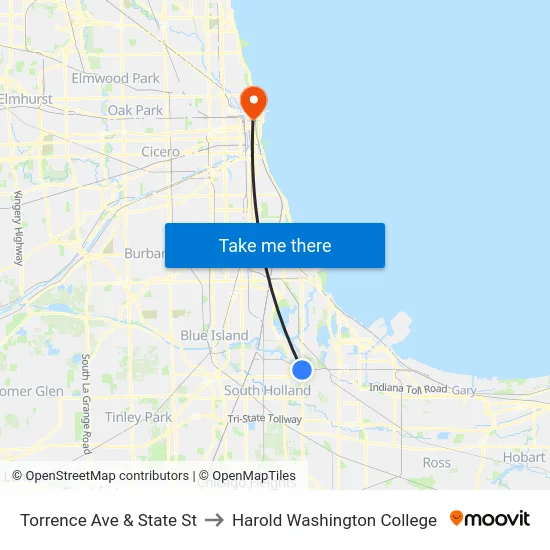 Torrence Ave & State St to Harold Washington College map
