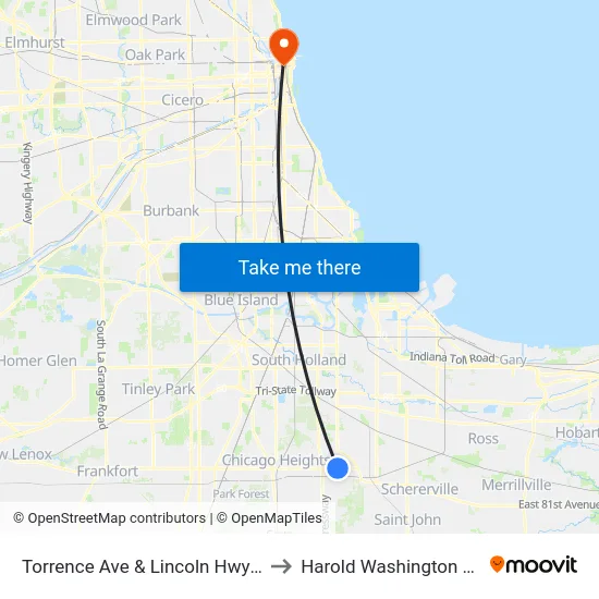 Torrence Ave & Lincoln Hwy / Rte 30 to Harold Washington College map