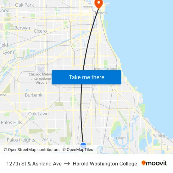 127th St & Ashland Ave to Harold Washington College map