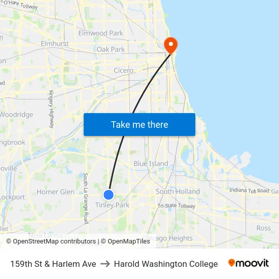 159th St & Harlem Ave to Harold Washington College map