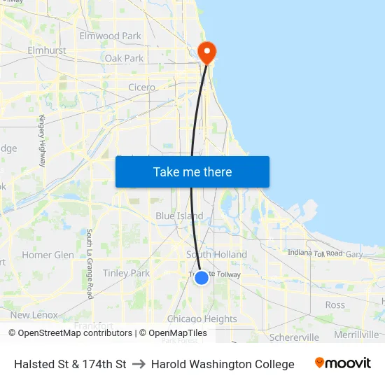 Halsted St & 174th St to Harold Washington College map
