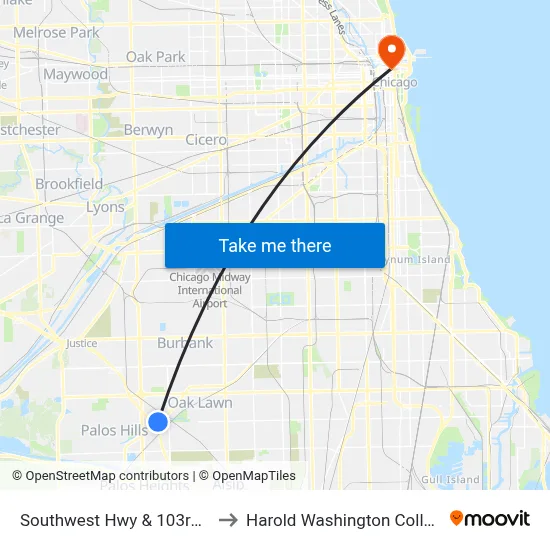Southwest Hwy & 103rd St to Harold Washington College map