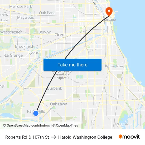 Roberts Rd & 107th St to Harold Washington College map