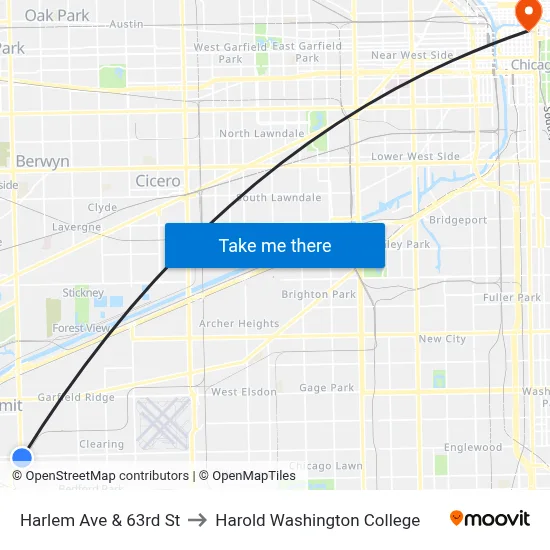 Harlem Ave & 63rd St to Harold Washington College map