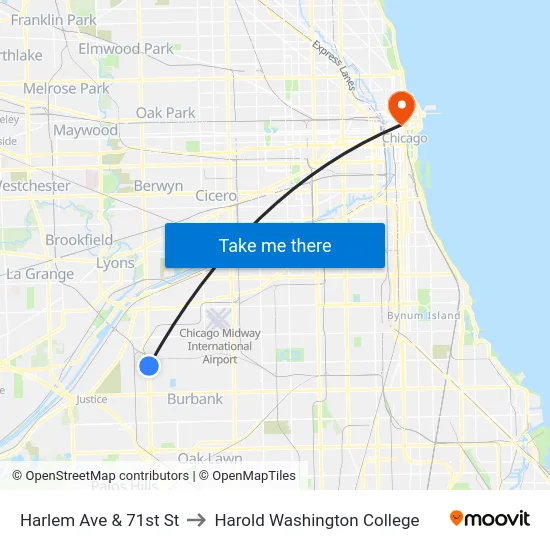Harlem Ave & 71st St to Harold Washington College map