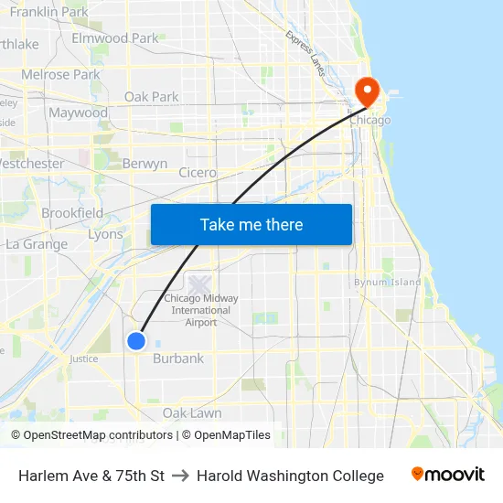 Harlem Ave & 75th St to Harold Washington College map