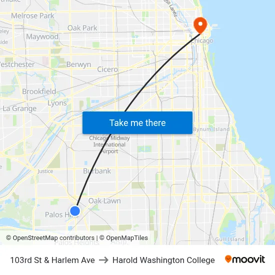 103rd St & Harlem Ave to Harold Washington College map