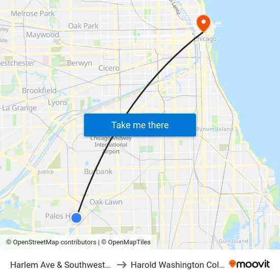 Harlem Ave & Southwest Hwy to Harold Washington College map