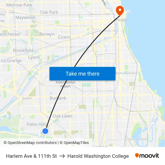Harlem Ave & 111th St to Harold Washington College map