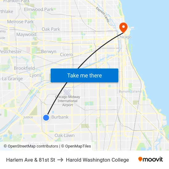 Harlem Ave & 81st St to Harold Washington College map
