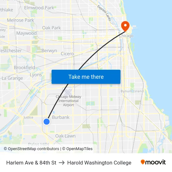 Harlem Ave & 84th St to Harold Washington College map
