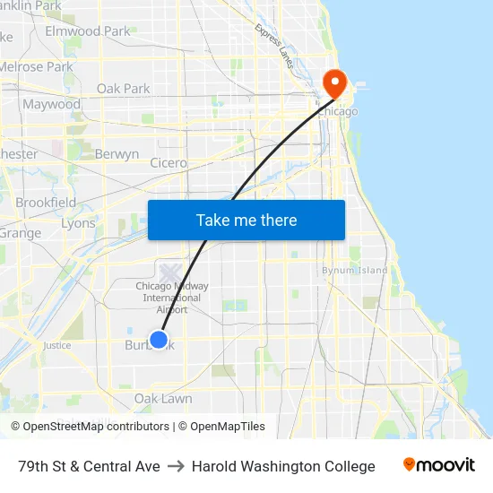 79th St & Central Ave to Harold Washington College map