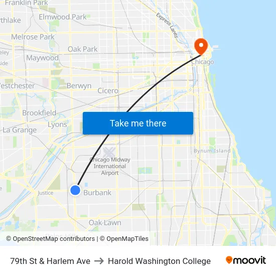79th St & Harlem Ave to Harold Washington College map
